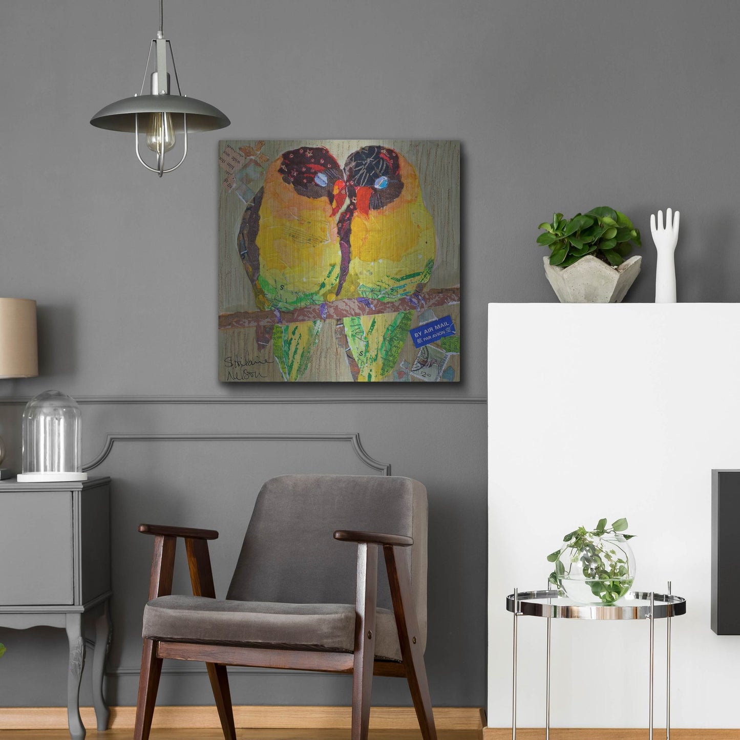 Luxe Metal Art 'Lovebirds Yelllow' by St. Hilaire Elizabeth, Metal Wall Art,24x24