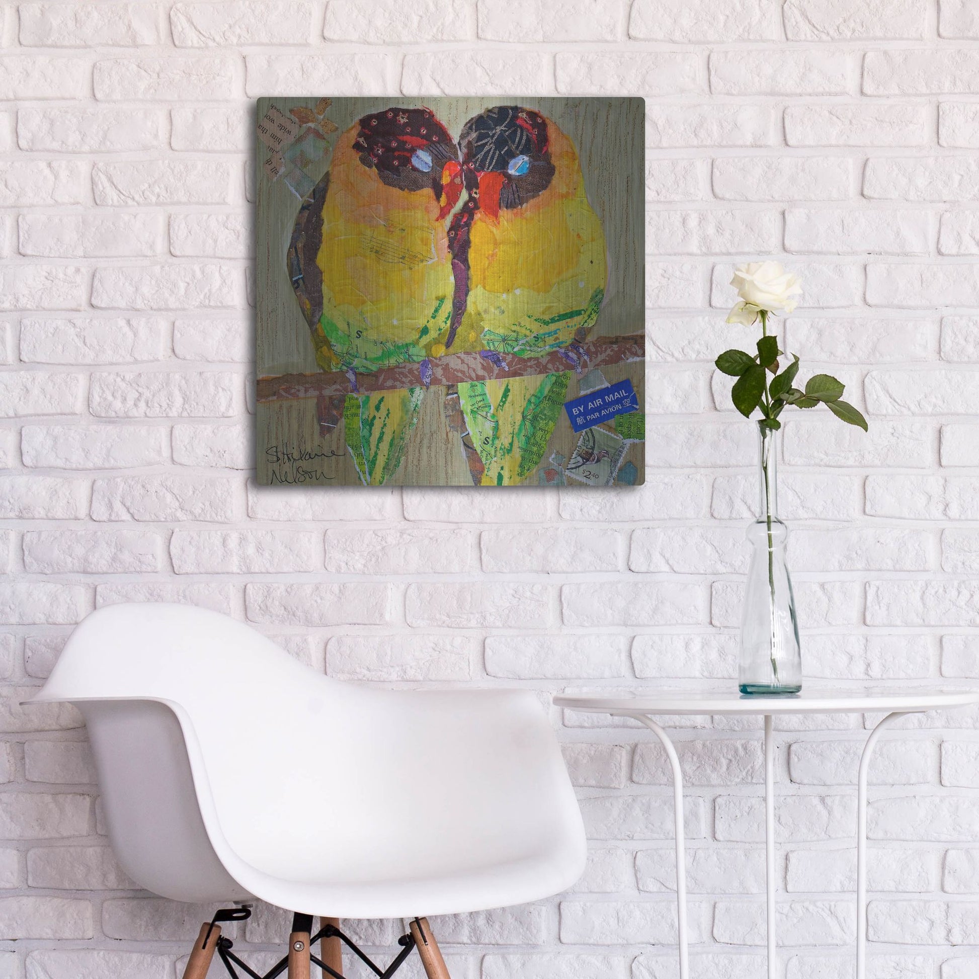 Luxe Metal Art 'Lovebirds Yelllow' by St. Hilaire Elizabeth, Metal Wall Art,24x24