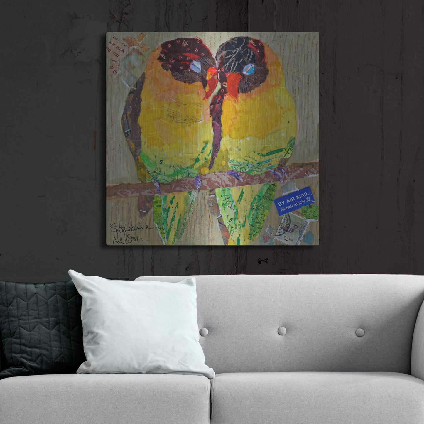 Luxe Metal Art 'Lovebirds Yelllow' by St. Hilaire Elizabeth, Metal Wall Art,36x36