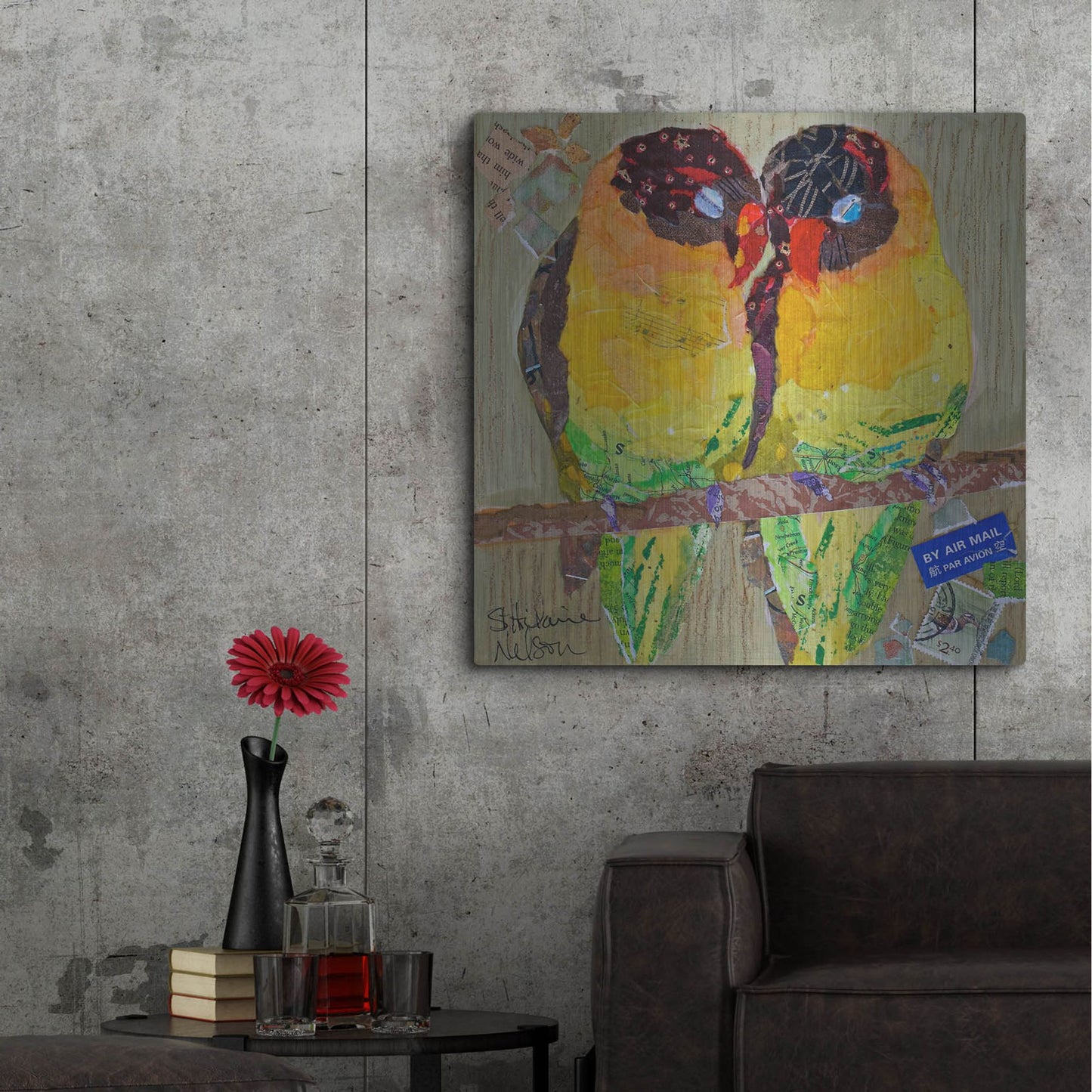 Luxe Metal Art 'Lovebirds Yelllow' by St. Hilaire Elizabeth, Metal Wall Art,36x36