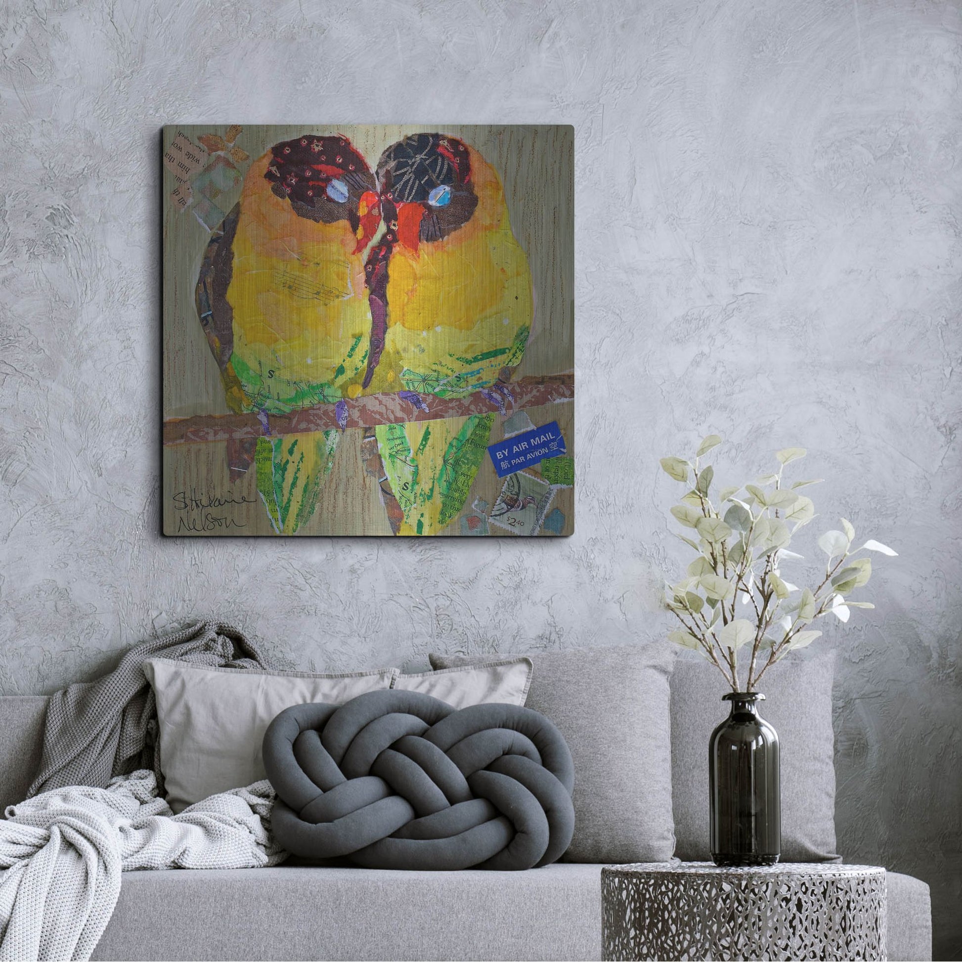 Luxe Metal Art 'Lovebirds Yelllow' by St. Hilaire Elizabeth, Metal Wall Art,36x36