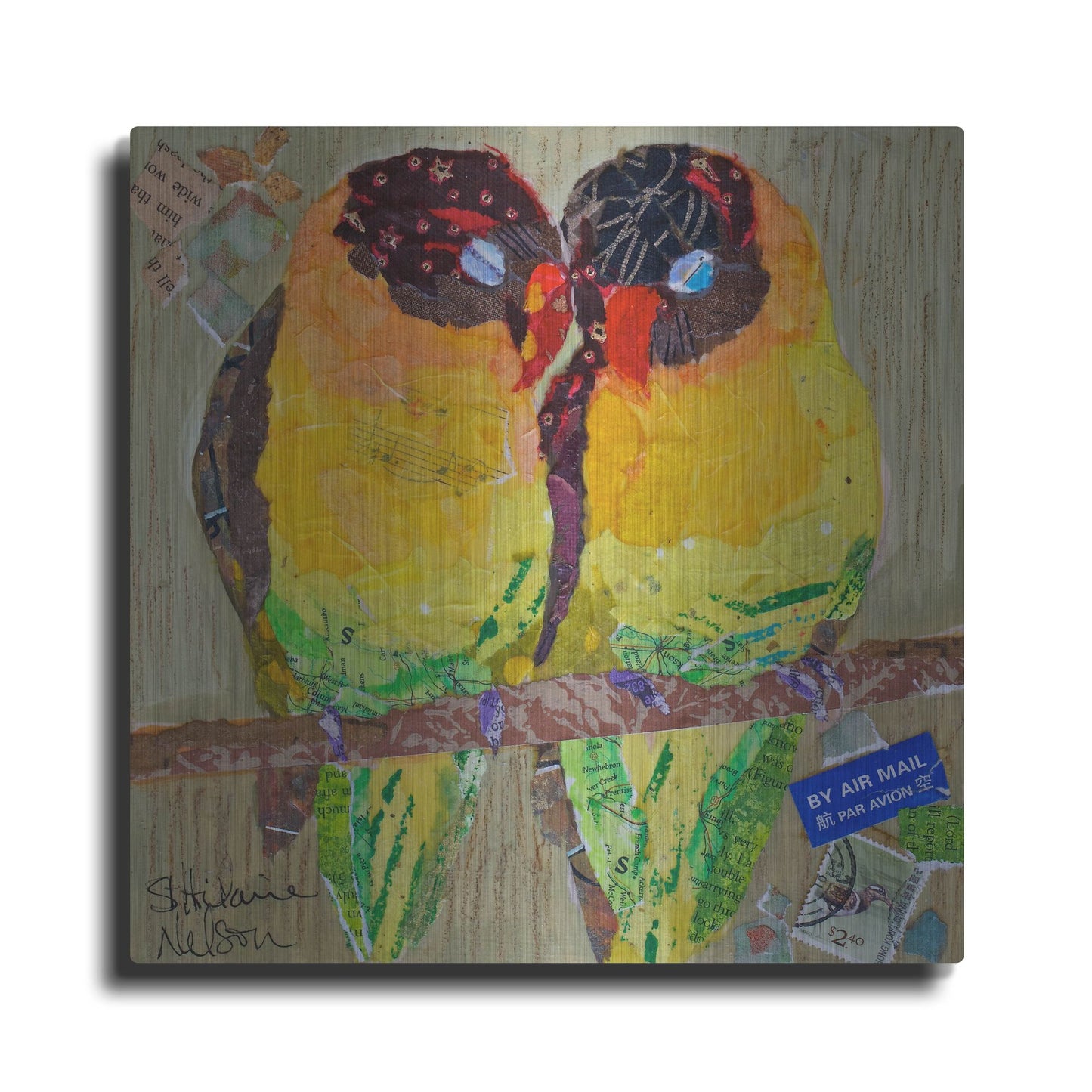 Luxe Metal Art 'Lovebirds Yelllow' by St. Hilaire Elizabeth, Metal Wall Art