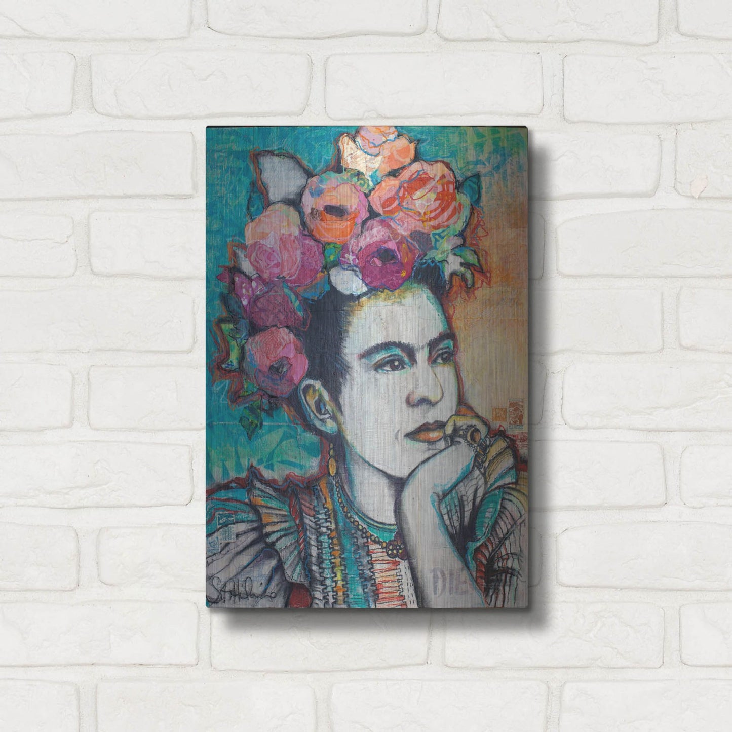 Luxe Metal Art 'Frida and Florals' by St. Hilaire Elizabeth, Metal Wall Art,12x16