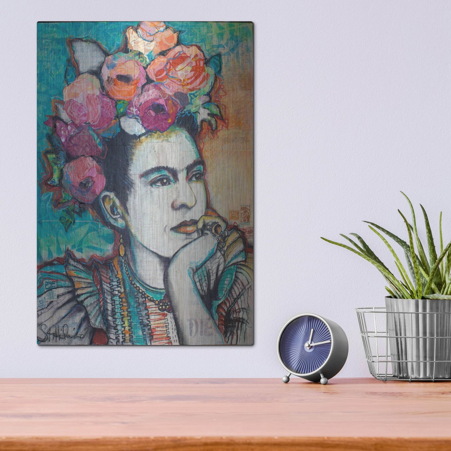 Luxe Metal Art 'Frida and Florals' by St. Hilaire Elizabeth, Metal Wall Art,12x16