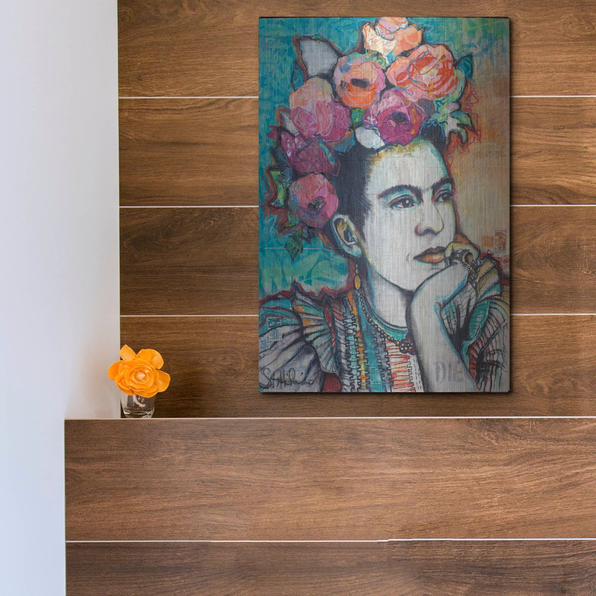 Luxe Metal Art 'Frida and Florals' by St. Hilaire Elizabeth, Metal Wall Art,12x16