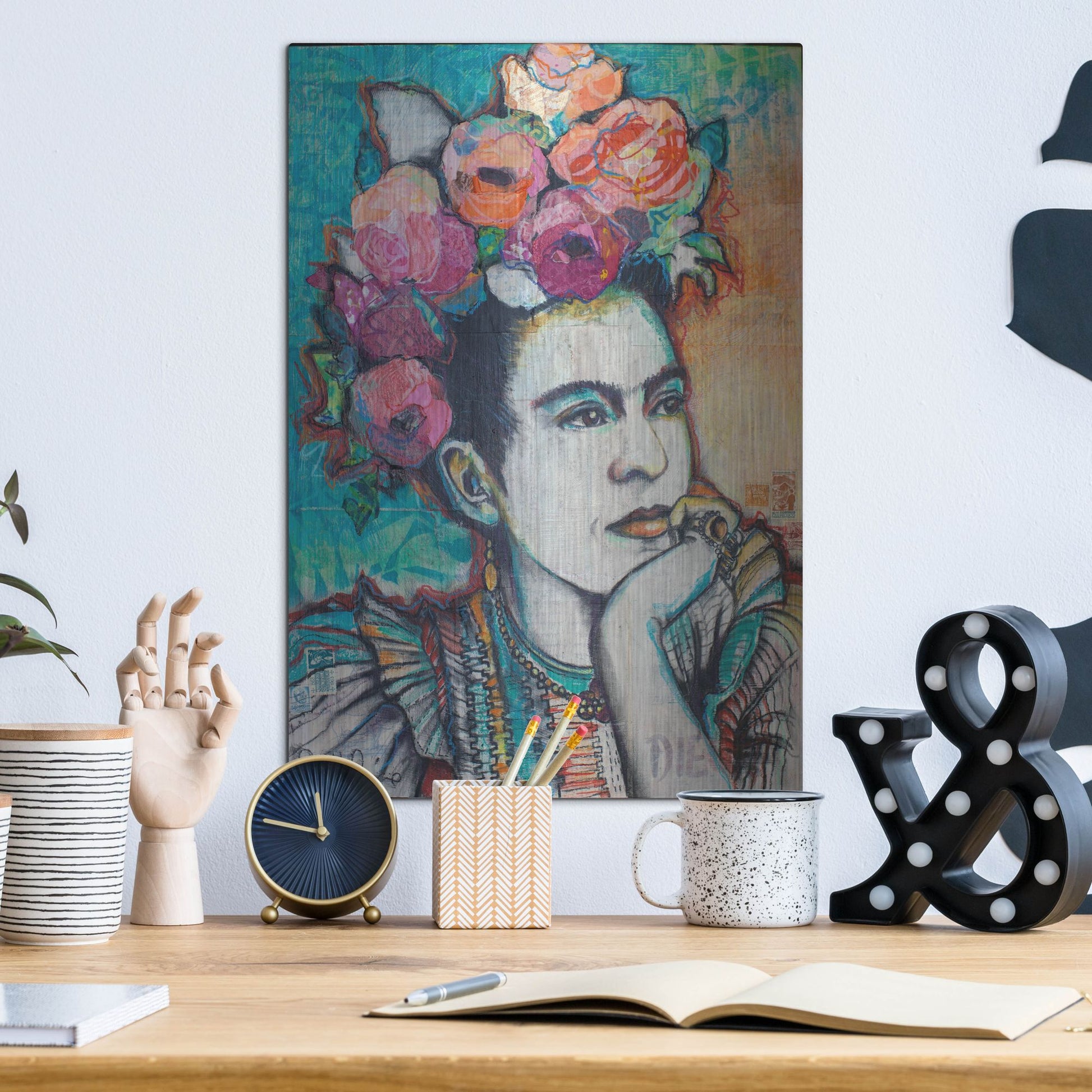 Luxe Metal Art 'Frida and Florals' by St. Hilaire Elizabeth, Metal Wall Art,12x16