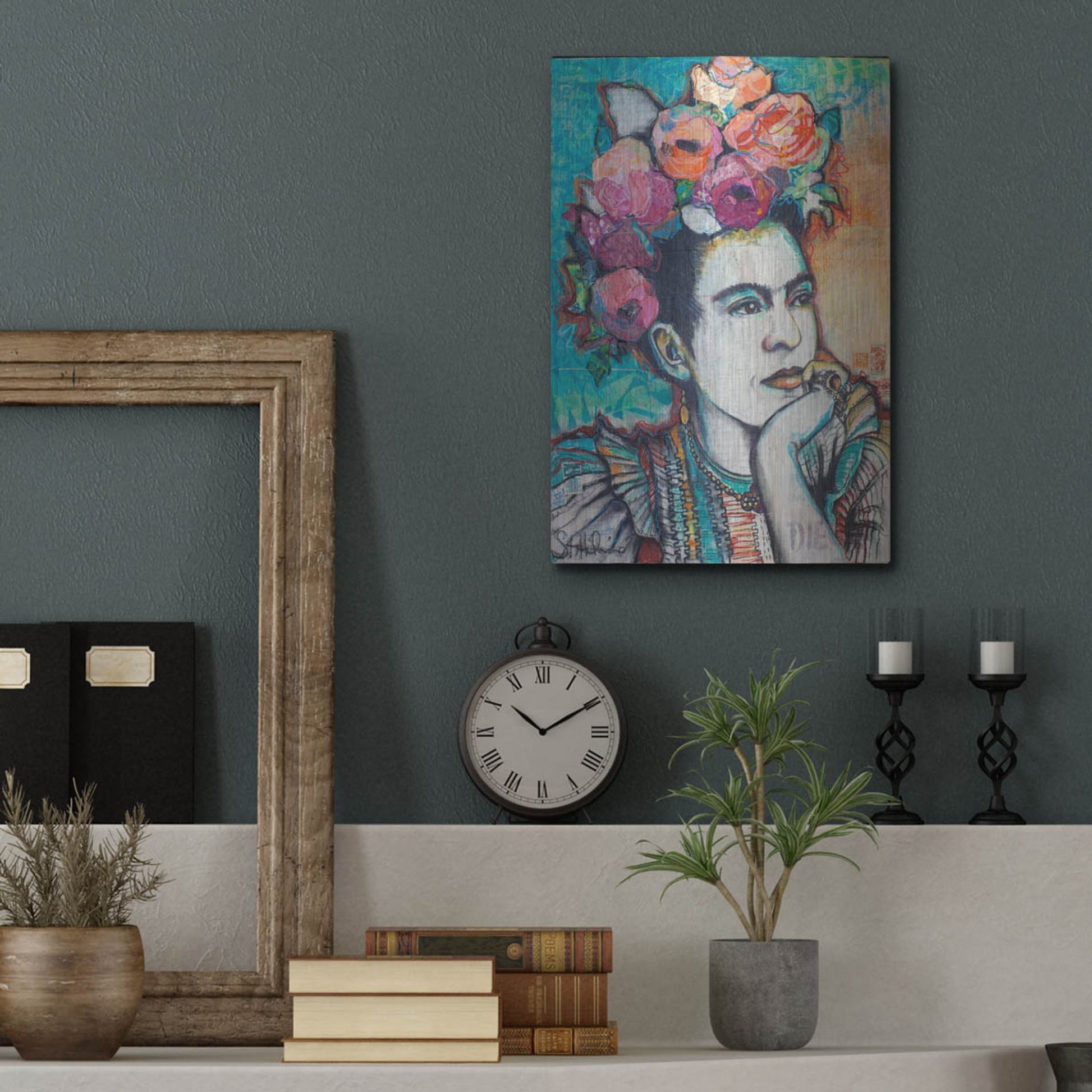 Luxe Metal Art 'Frida and Florals' by St. Hilaire Elizabeth, Metal Wall Art,12x16