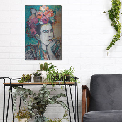 Luxe Metal Art 'Frida and Florals' by St. Hilaire Elizabeth, Metal Wall Art,12x16