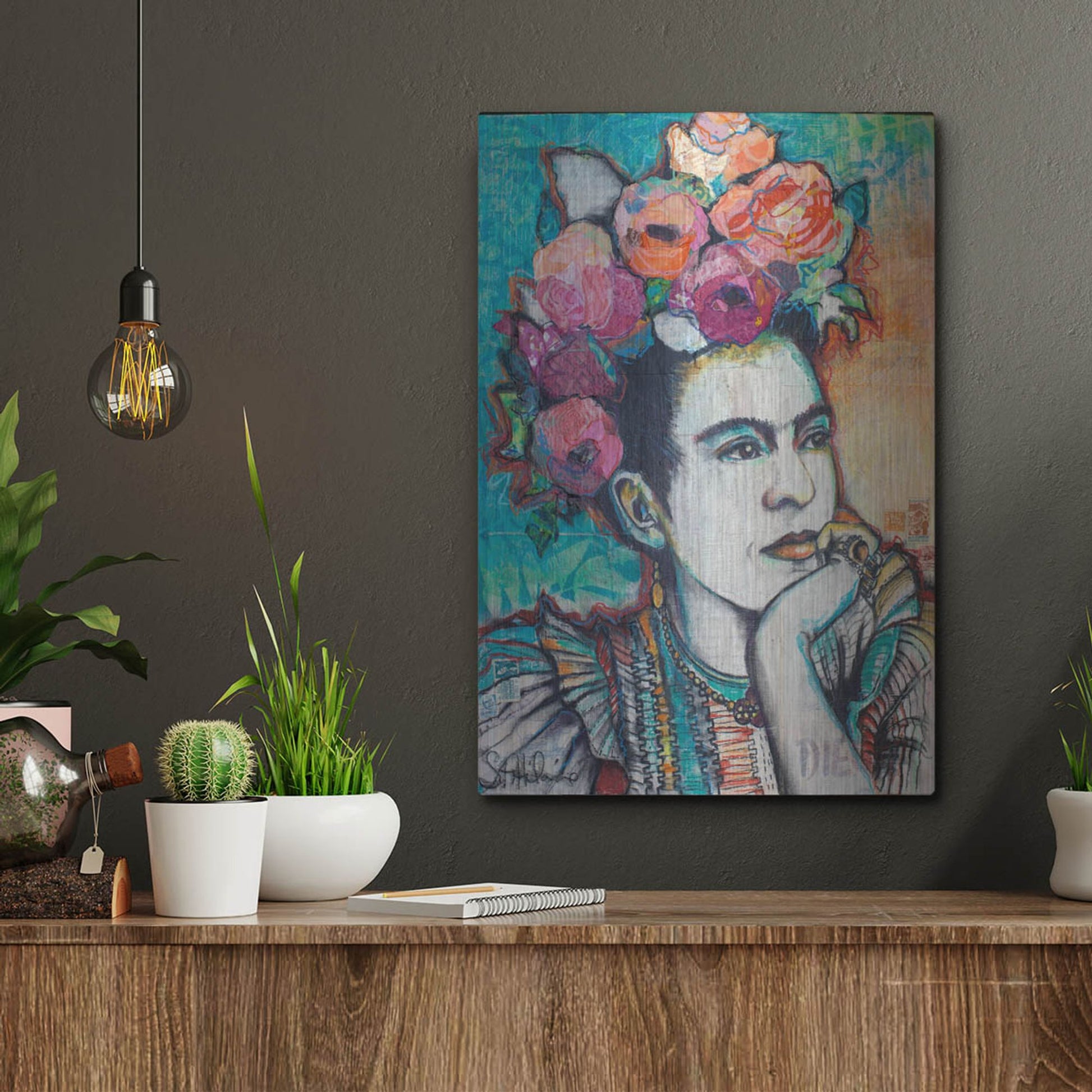 Luxe Metal Art 'Frida and Florals' by St. Hilaire Elizabeth, Metal Wall Art,12x16