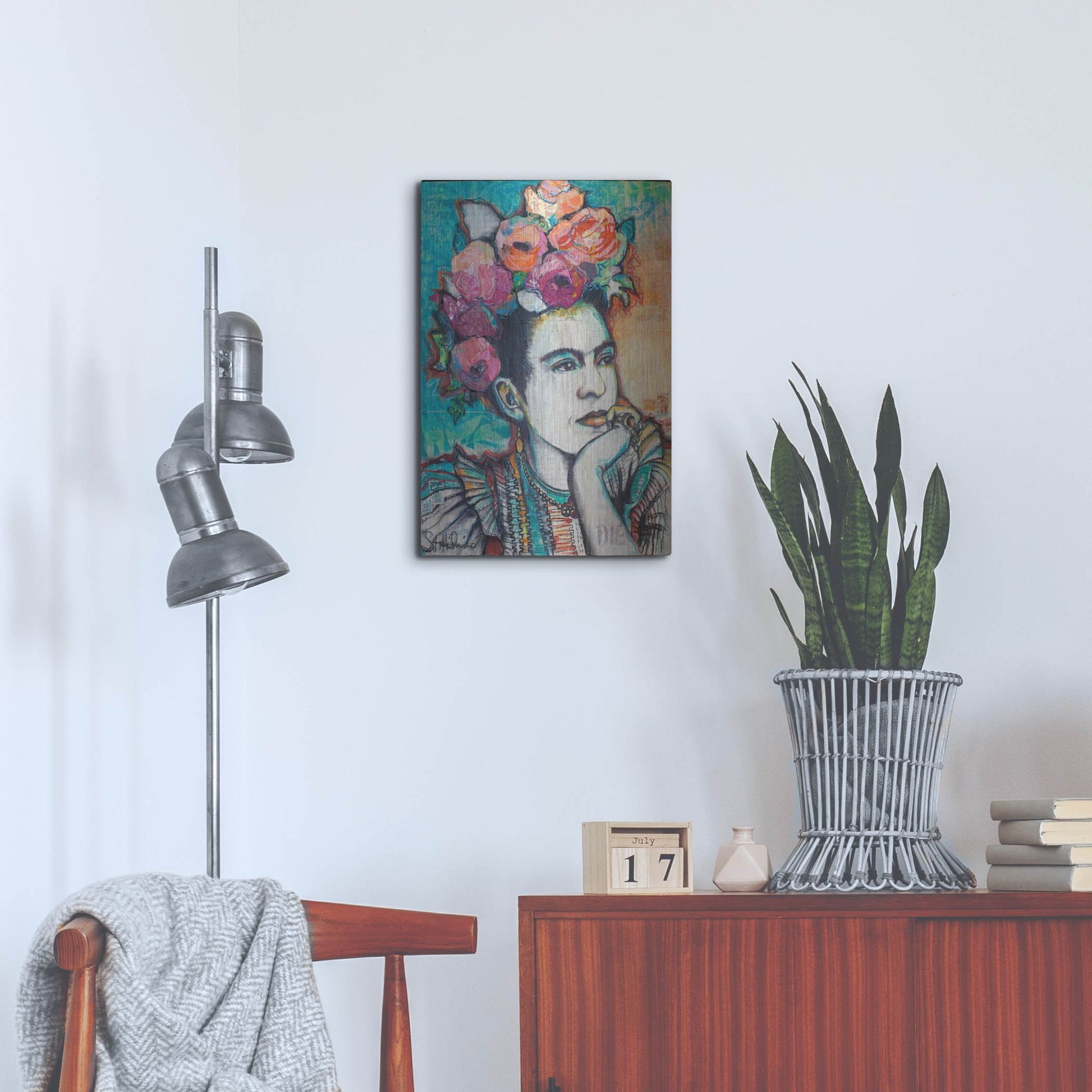 Luxe Metal Art 'Frida and Florals' by St. Hilaire Elizabeth, Metal Wall Art,16x24