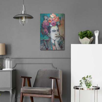 Luxe Metal Art 'Frida and Florals' by St. Hilaire Elizabeth, Metal Wall Art,16x24