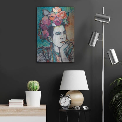 Luxe Metal Art 'Frida and Florals' by St. Hilaire Elizabeth, Metal Wall Art,16x24