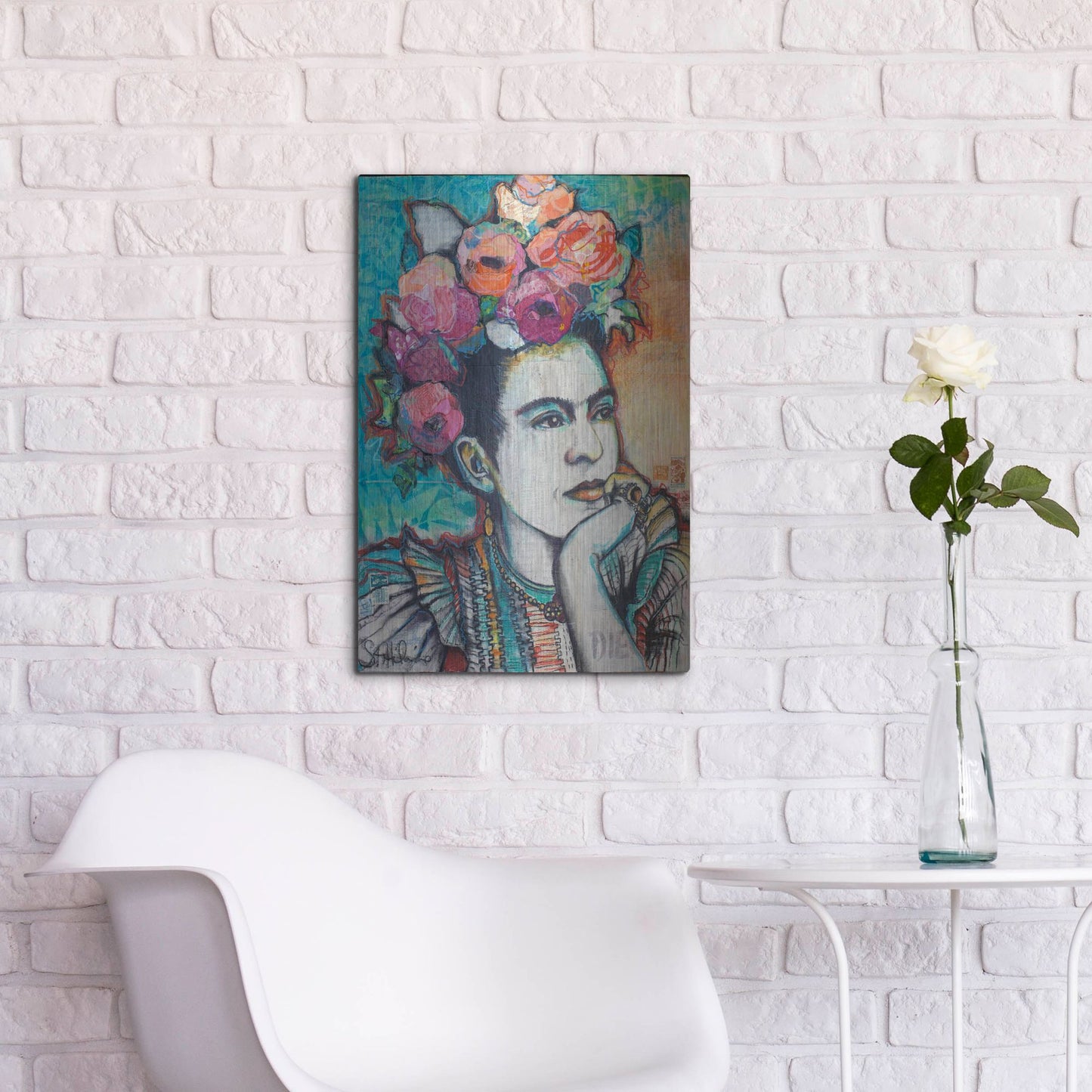 Luxe Metal Art 'Frida and Florals' by St. Hilaire Elizabeth, Metal Wall Art,16x24