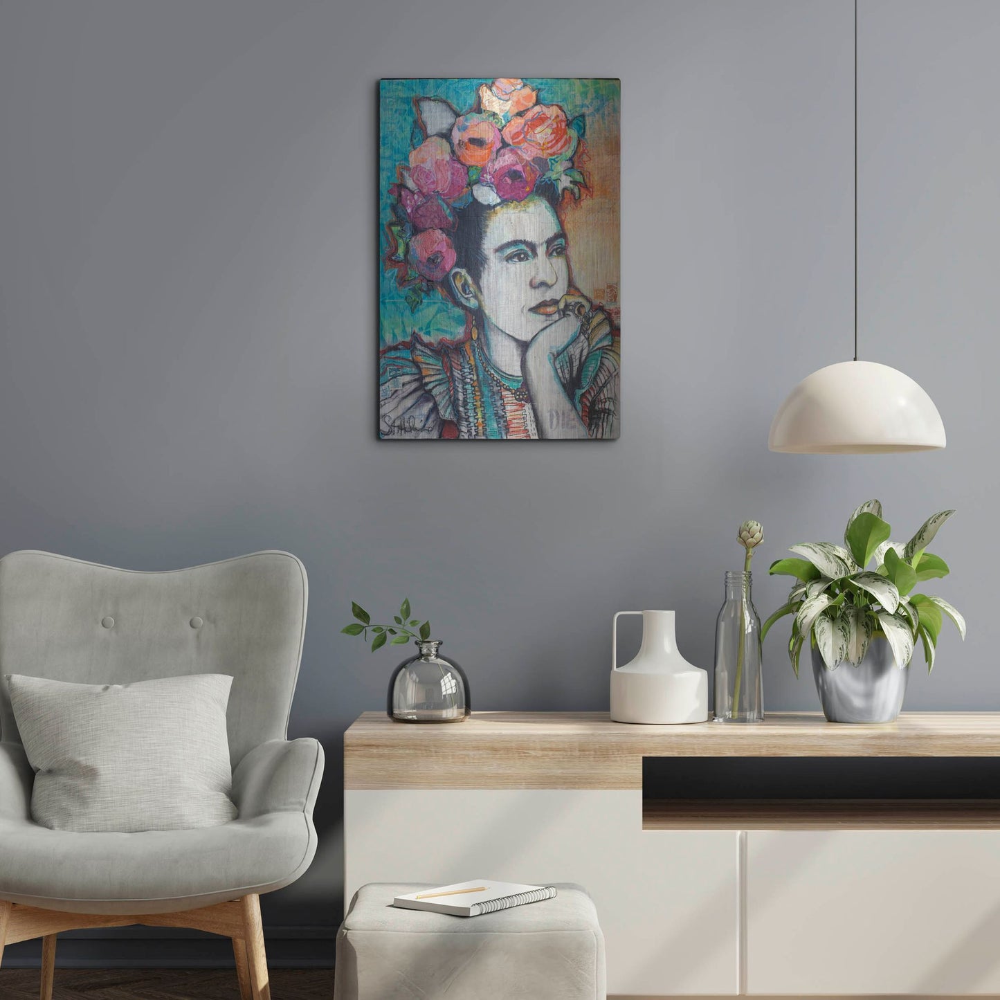 Luxe Metal Art 'Frida and Florals' by St. Hilaire Elizabeth, Metal Wall Art,16x24