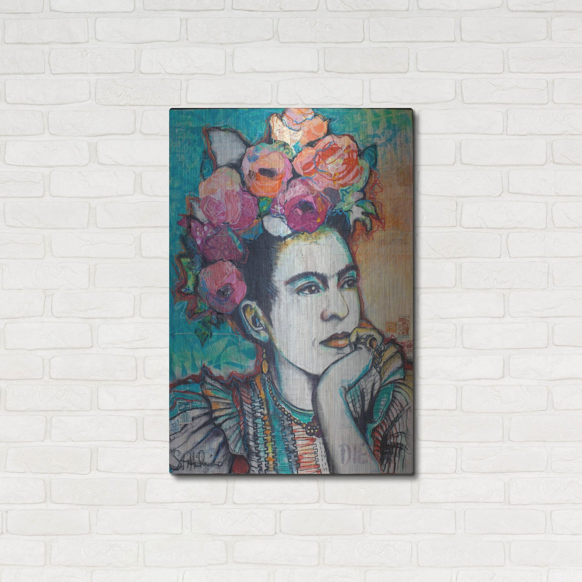 Luxe Metal Art 'Frida and Florals' by St. Hilaire Elizabeth, Metal Wall Art,24x36