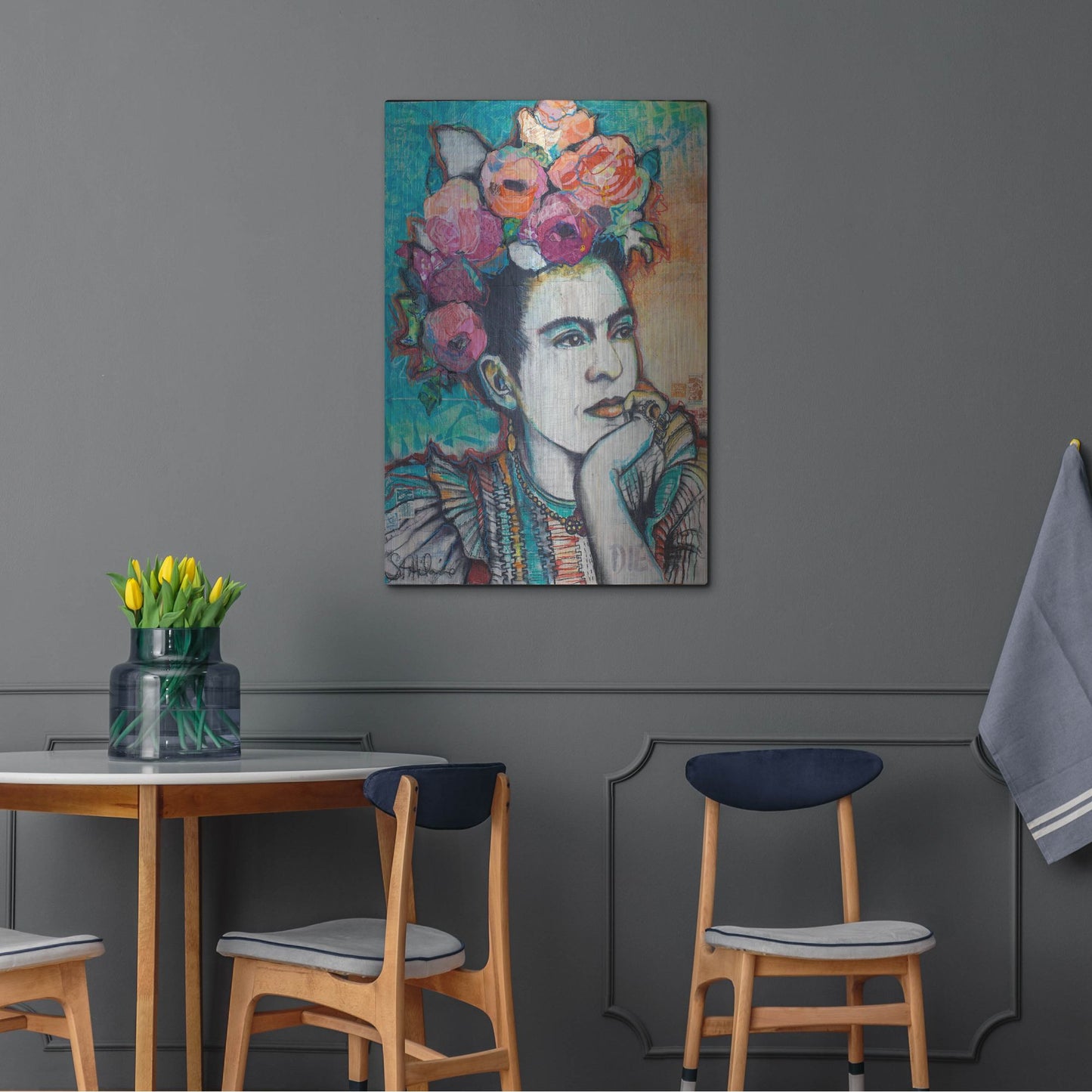 Luxe Metal Art 'Frida and Florals' by St. Hilaire Elizabeth, Metal Wall Art,24x36