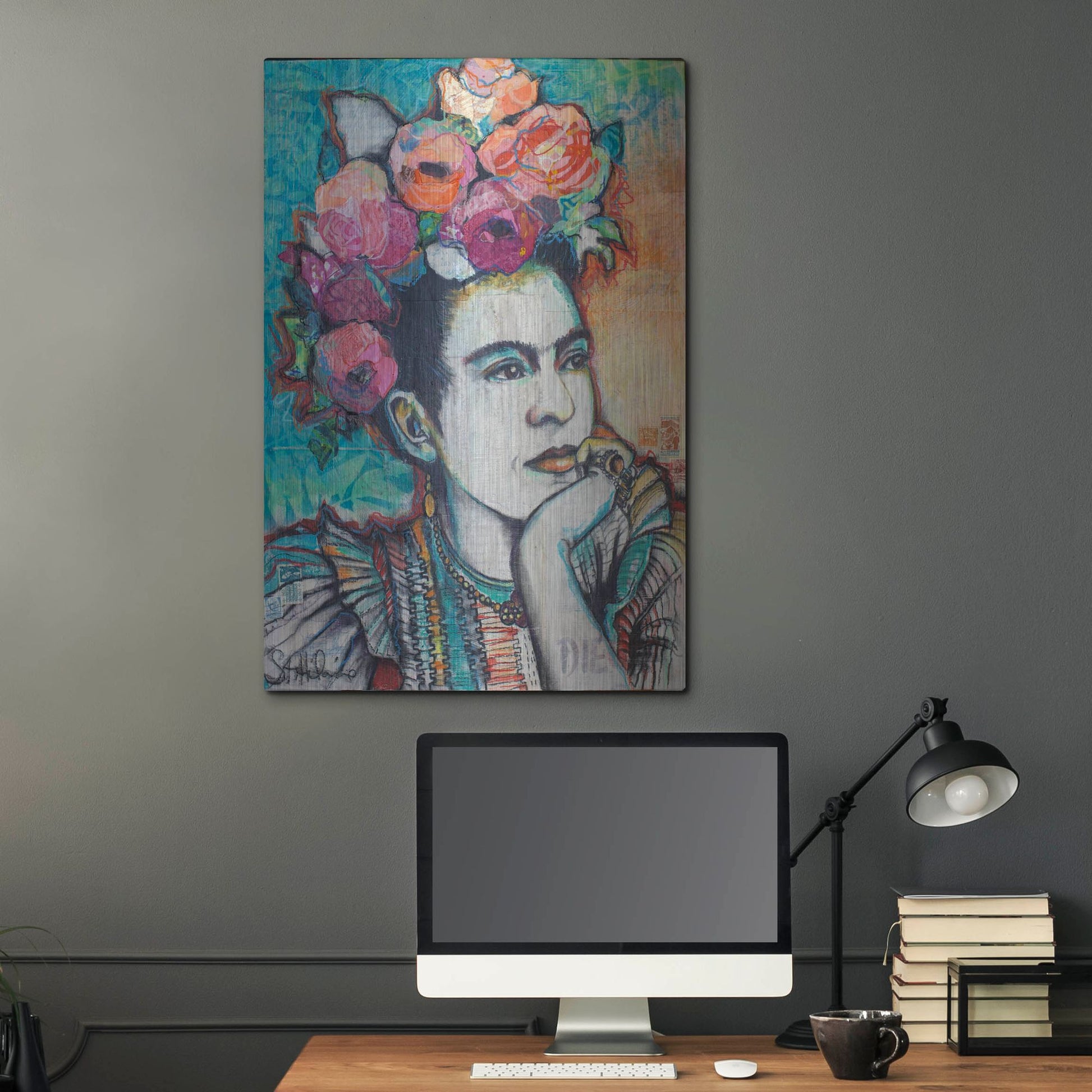 Luxe Metal Art 'Frida and Florals' by St. Hilaire Elizabeth, Metal Wall Art,24x36