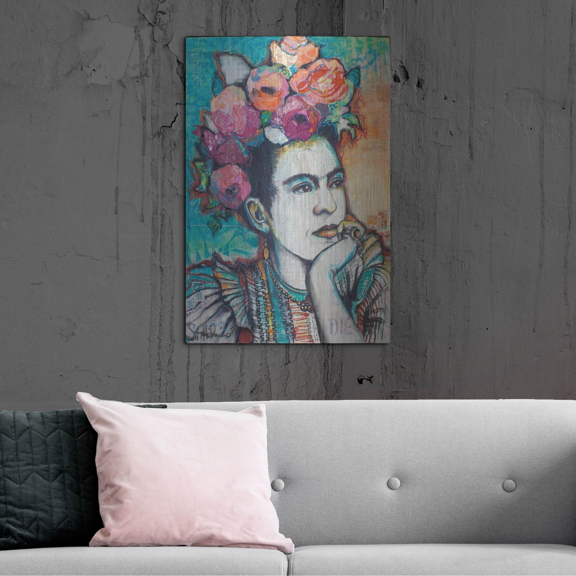 Luxe Metal Art 'Frida and Florals' by St. Hilaire Elizabeth, Metal Wall Art,24x36