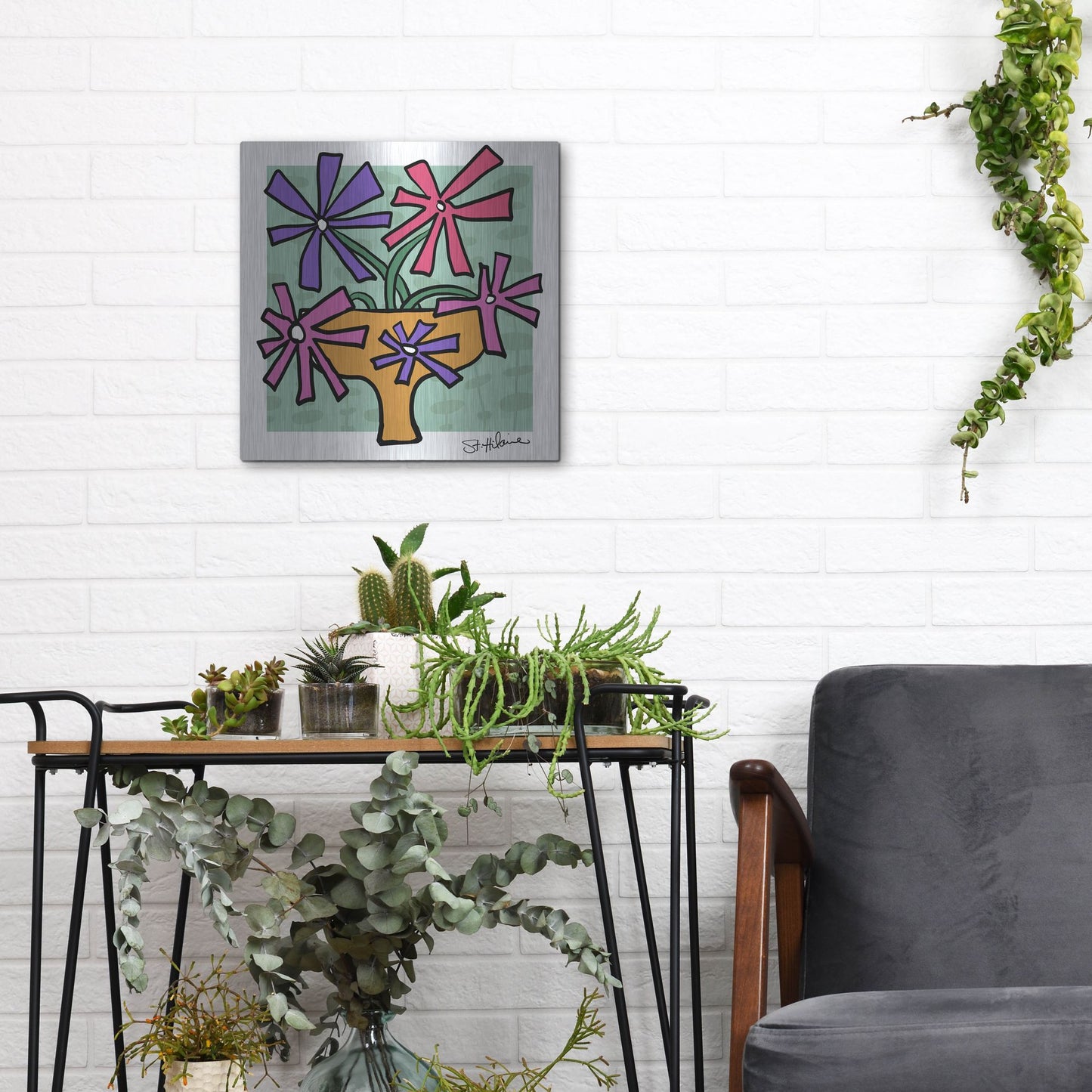 Luxe Metal Art 'Abstract Floral on Mint' by St. Hilaire Elizabeth, Metal Wall Art,12x12