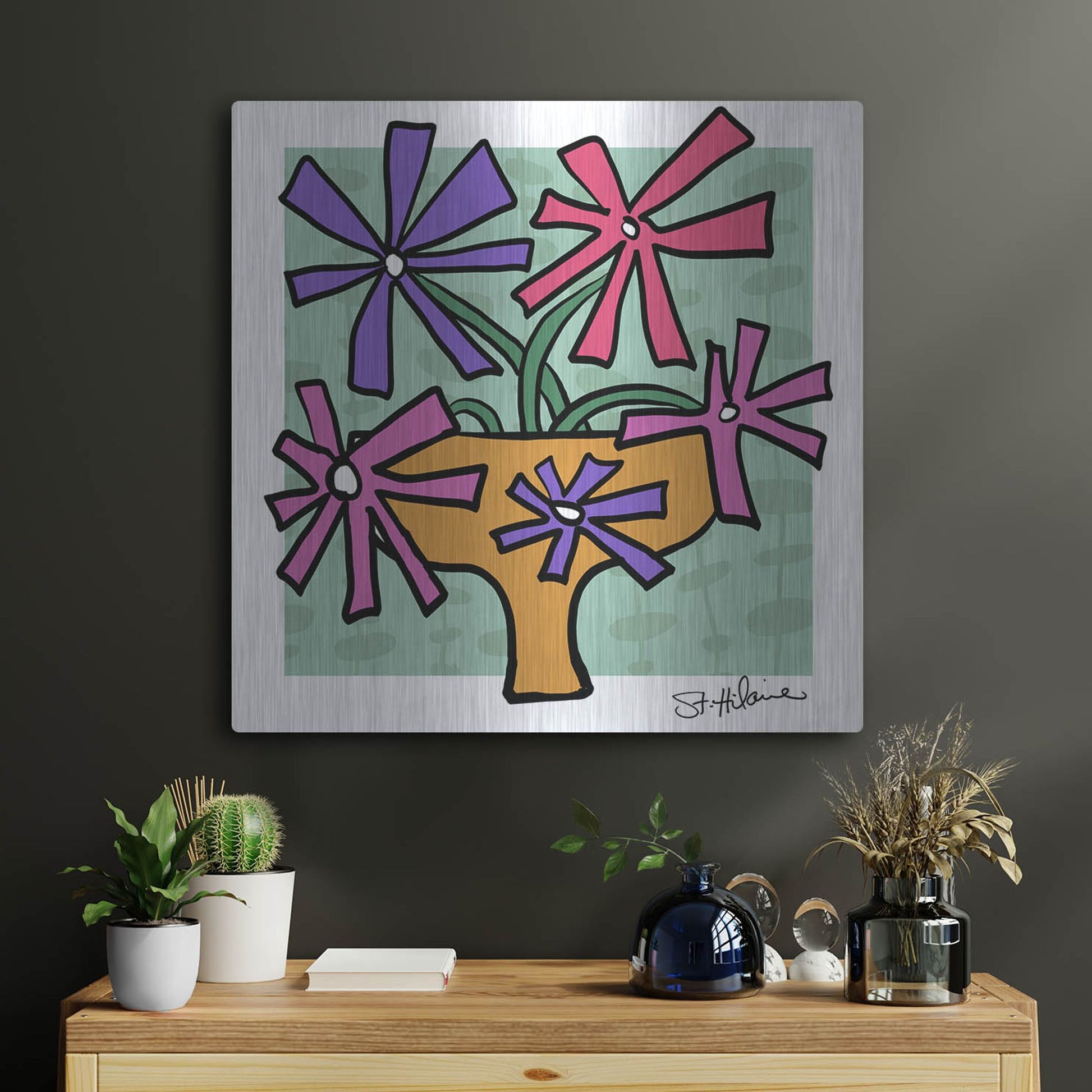 Luxe Metal Art 'Abstract Floral on Mint' by St. Hilaire Elizabeth, Metal Wall Art,24x24