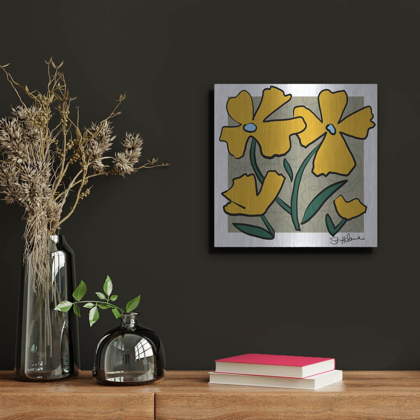 Luxe Metal Art 'Abstract Floral on Taupe' by St. Hilaire Elizabeth, Metal Wall Art,12x12