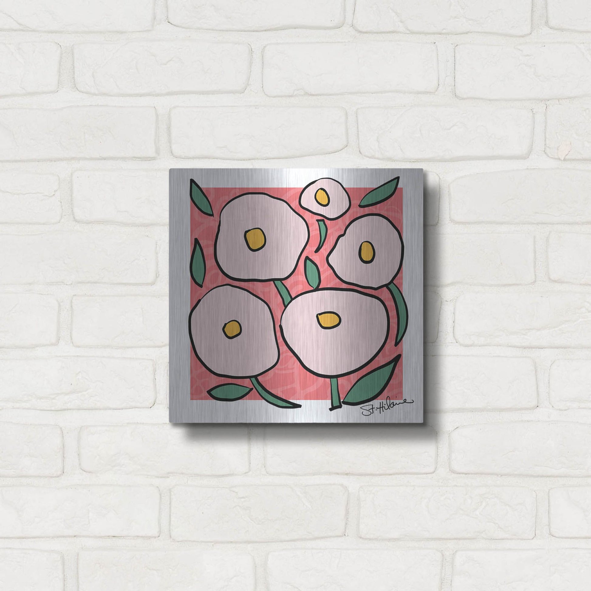 Luxe Metal Art 'Abstract Floral on Pink' by St. Hilaire Elizabeth, Metal Wall Art,12x12