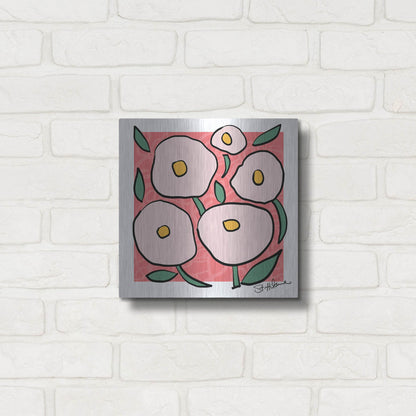Luxe Metal Art 'Abstract Floral on Pink' by St. Hilaire Elizabeth, Metal Wall Art,12x12