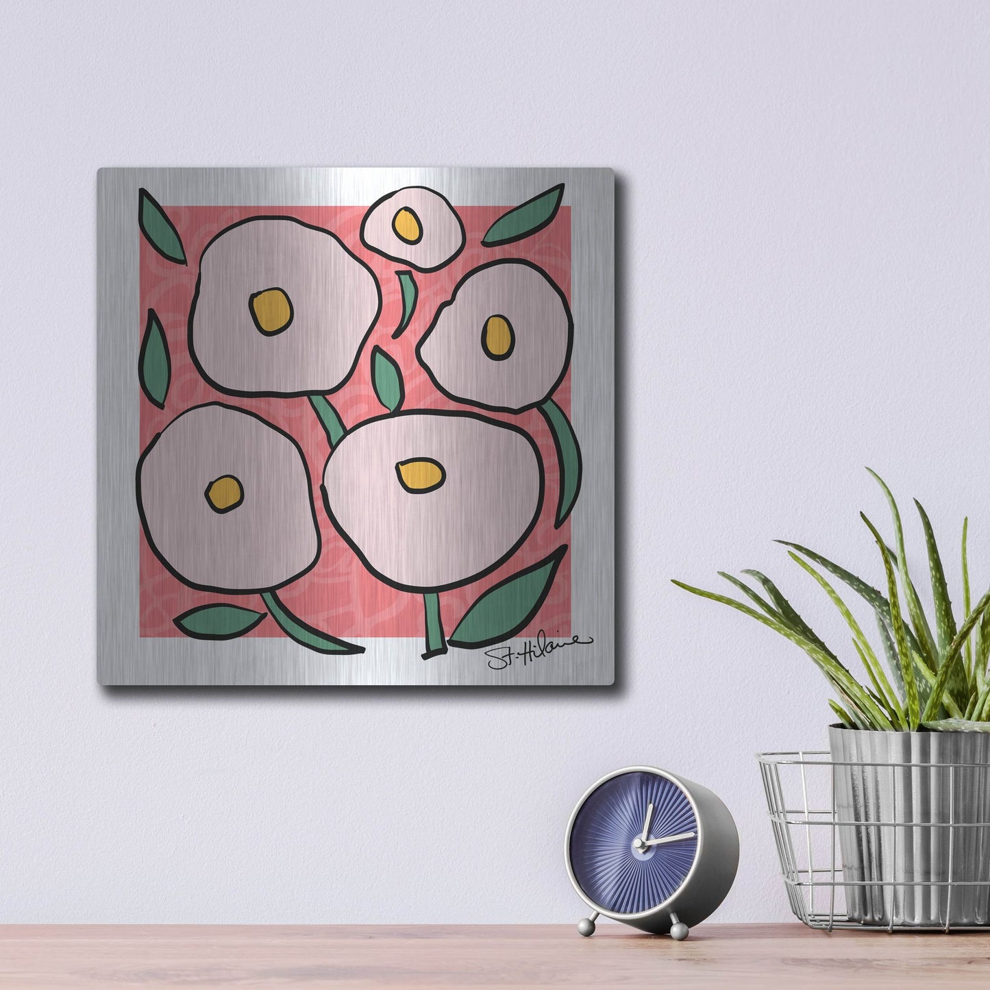 Luxe Metal Art 'Abstract Floral on Pink' by St. Hilaire Elizabeth, Metal Wall Art,12x12