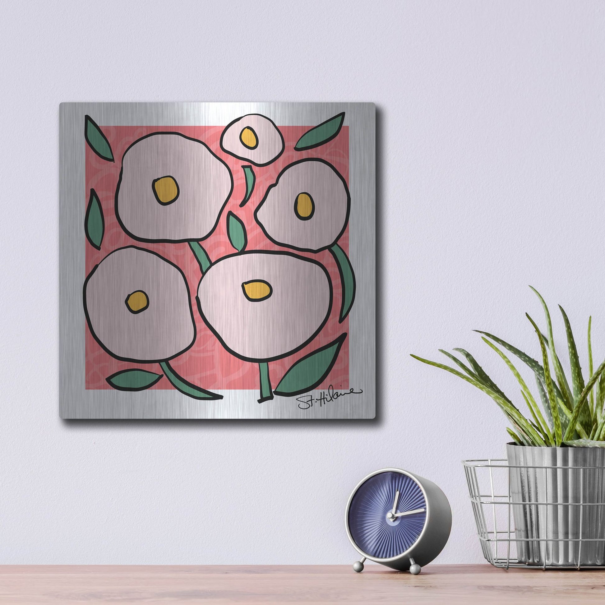 Luxe Metal Art 'Abstract Floral on Pink' by St. Hilaire Elizabeth, Metal Wall Art,12x12