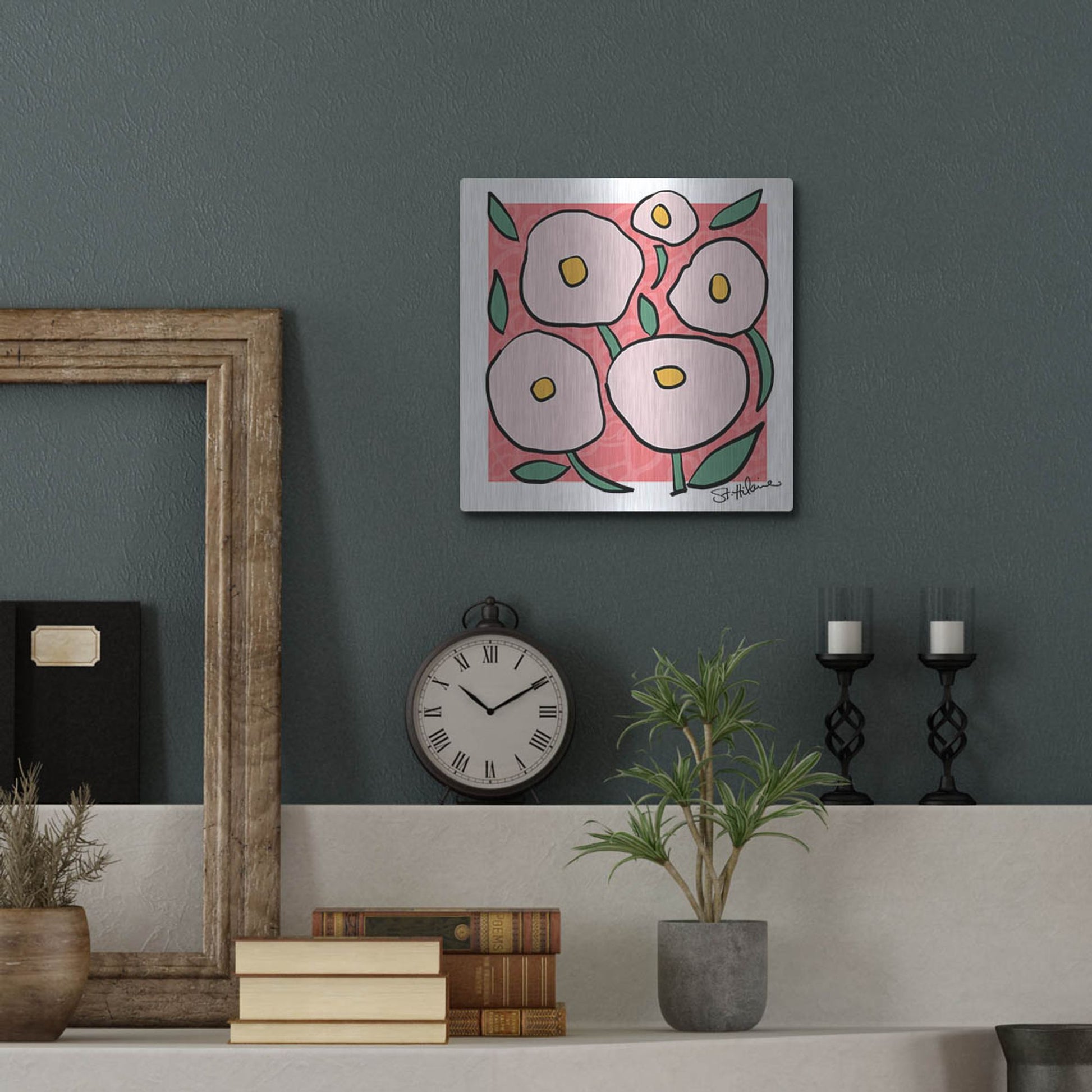Luxe Metal Art 'Abstract Floral on Pink' by St. Hilaire Elizabeth, Metal Wall Art,12x12