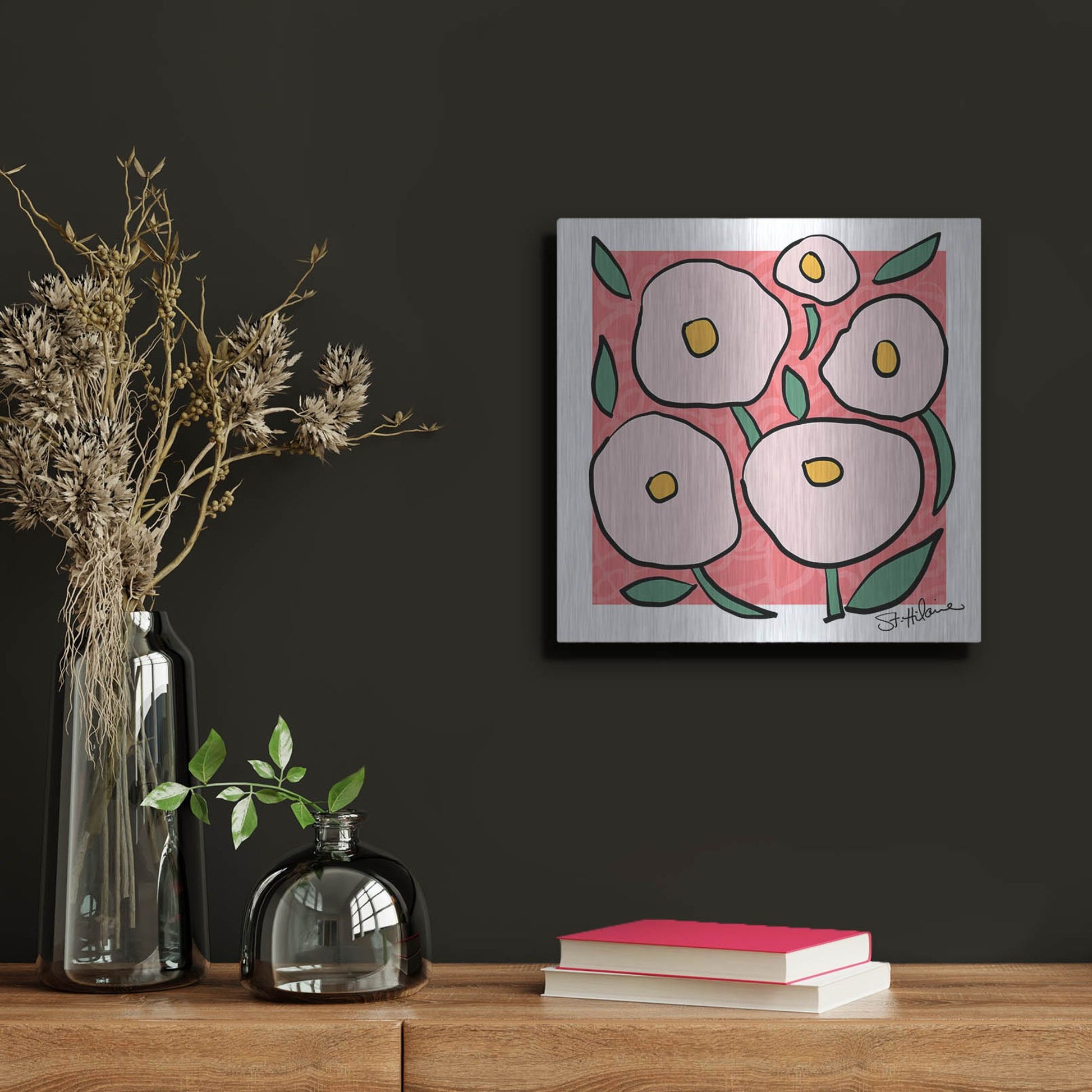 Luxe Metal Art 'Abstract Floral on Pink' by St. Hilaire Elizabeth, Metal Wall Art,12x12