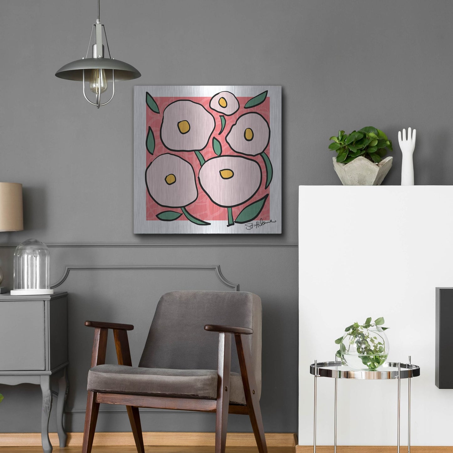 Luxe Metal Art 'Abstract Floral on Pink' by St. Hilaire Elizabeth, Metal Wall Art,24x24