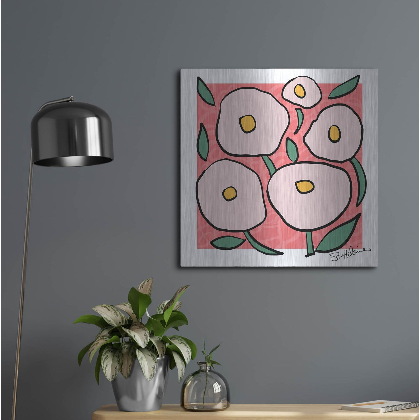 Luxe Metal Art 'Abstract Floral on Pink' by St. Hilaire Elizabeth, Metal Wall Art,24x24