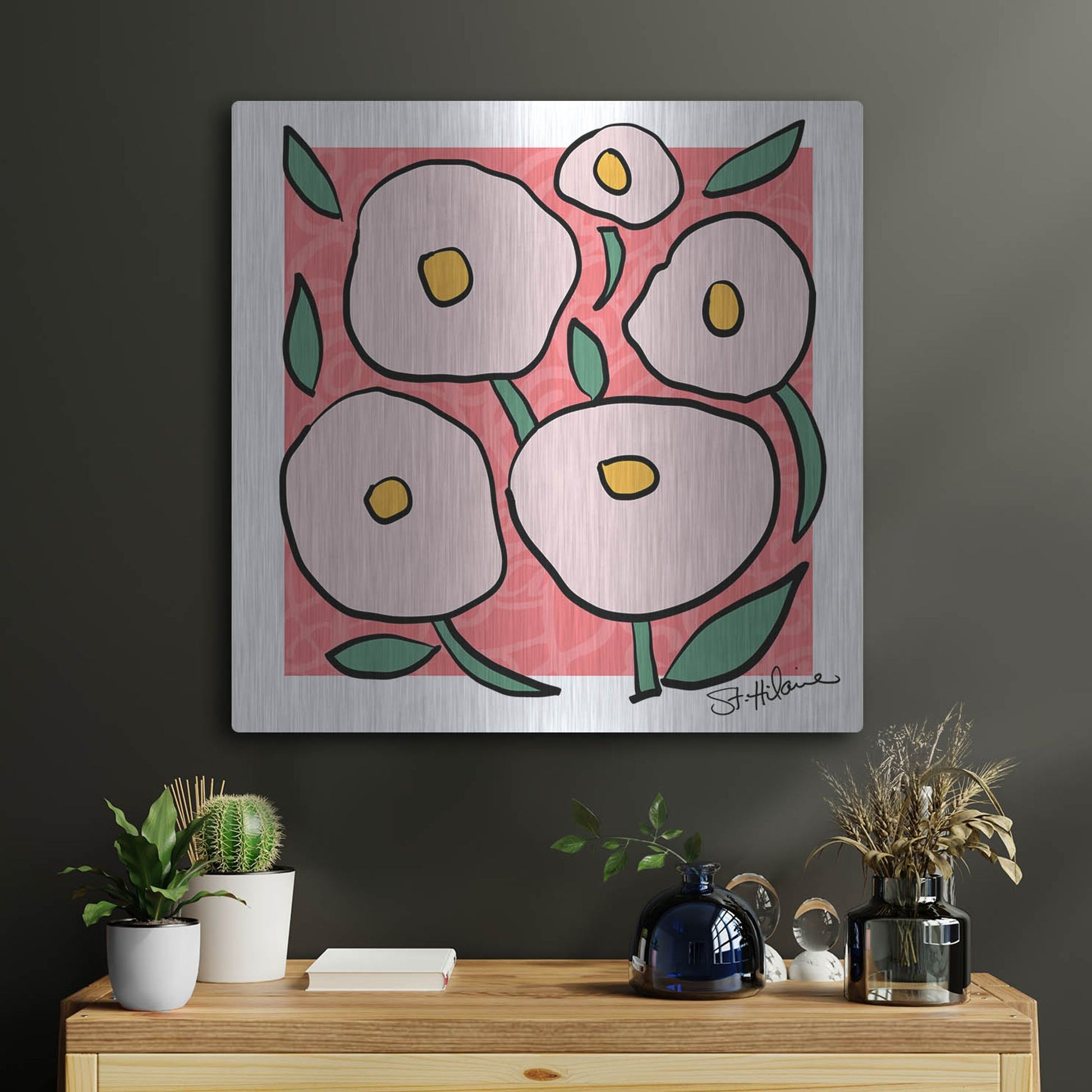 Luxe Metal Art 'Abstract Floral on Pink' by St. Hilaire Elizabeth, Metal Wall Art,24x24