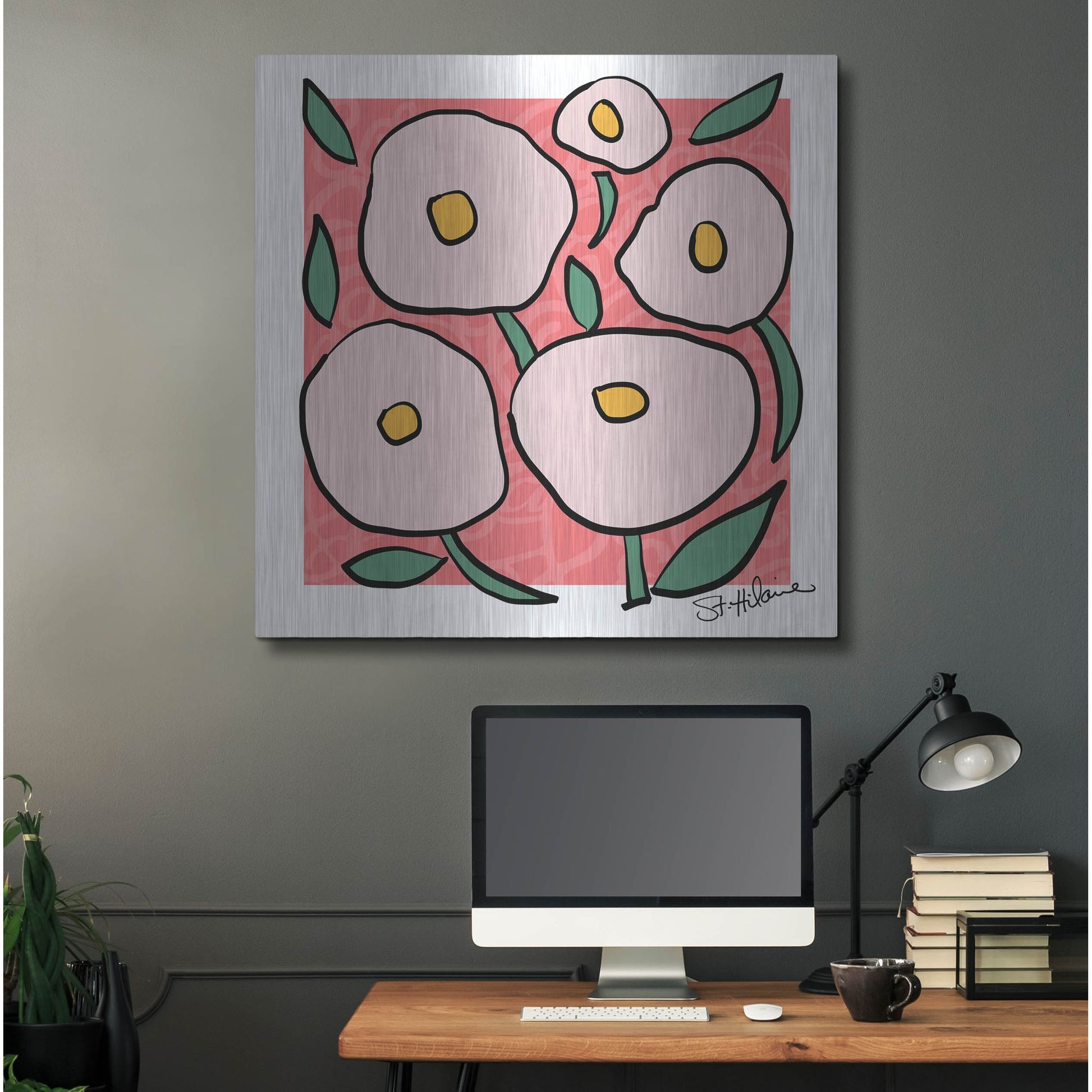 Luxe Metal Art 'Abstract Floral on Pink' by St. Hilaire Elizabeth, Metal Wall Art,36x36