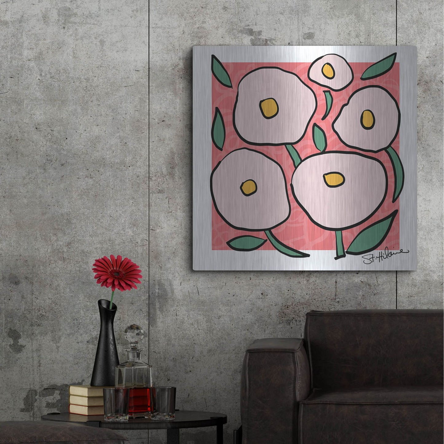 Luxe Metal Art 'Abstract Floral on Pink' by St. Hilaire Elizabeth, Metal Wall Art,36x36