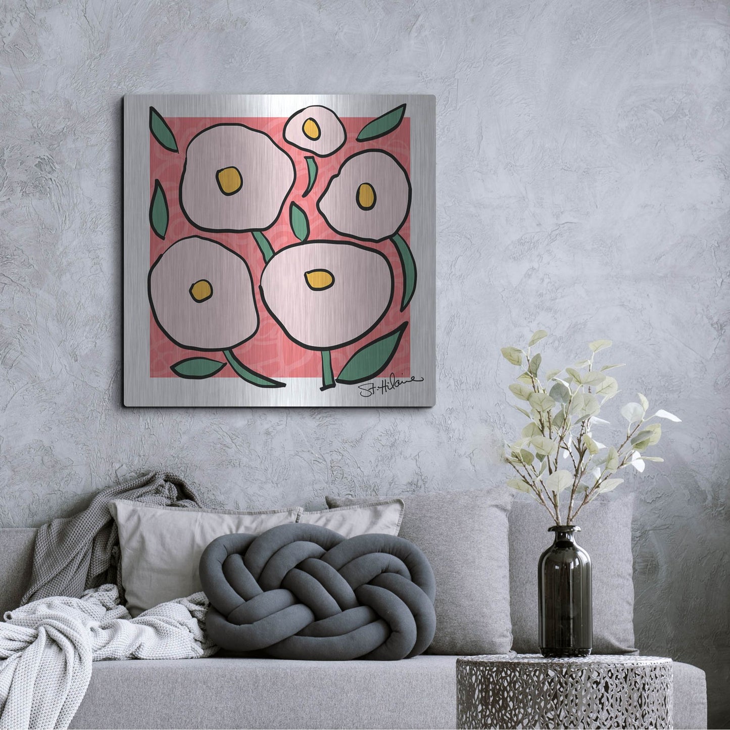 Luxe Metal Art 'Abstract Floral on Pink' by St. Hilaire Elizabeth, Metal Wall Art,36x36