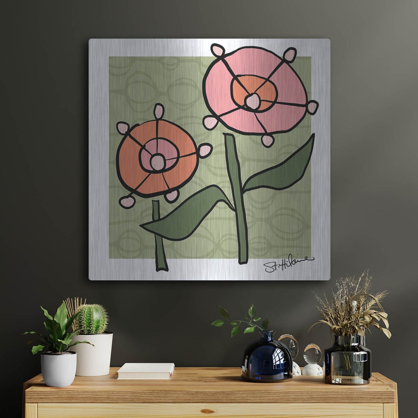 Luxe Metal Art 'Abstract Floral on Green' by St. Hilaire Elizabeth, Metal Wall Art,24x24