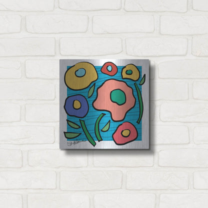 Luxe Metal Art 'Abstract Floral on Blue' by St. Hilaire Elizabeth, Metal Wall Art,12x12