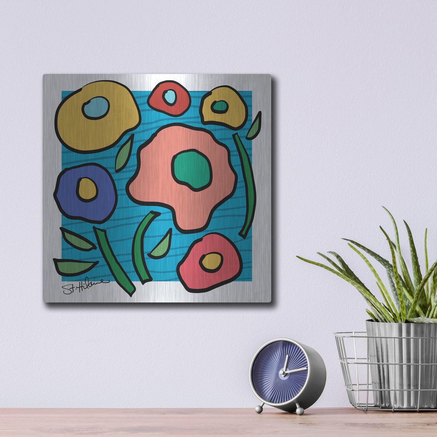 Luxe Metal Art 'Abstract Floral on Blue' by St. Hilaire Elizabeth, Metal Wall Art,12x12