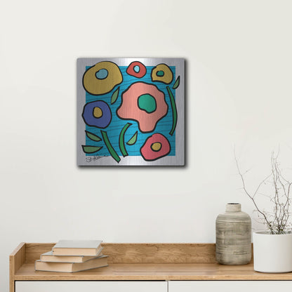 Luxe Metal Art 'Abstract Floral on Blue' by St. Hilaire Elizabeth, Metal Wall Art,12x12
