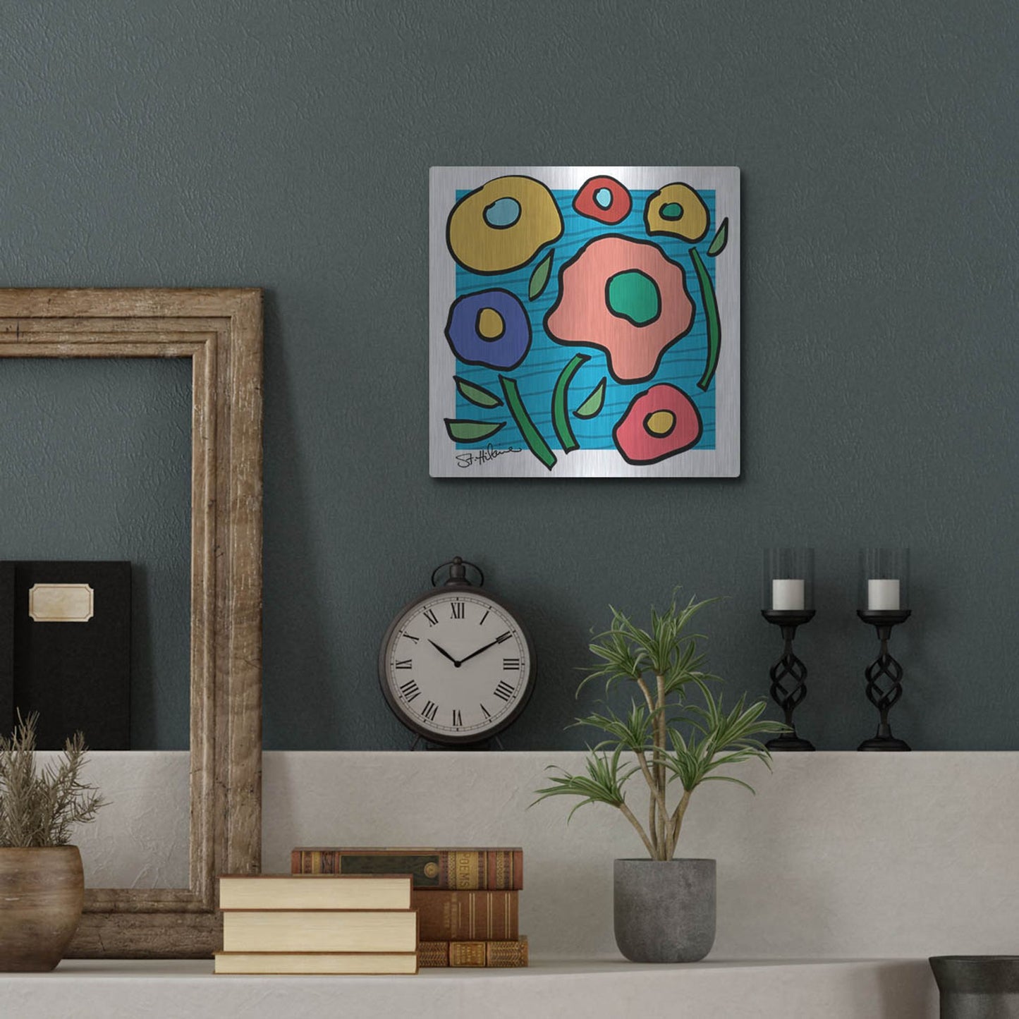 Luxe Metal Art 'Abstract Floral on Blue' by St. Hilaire Elizabeth, Metal Wall Art,12x12