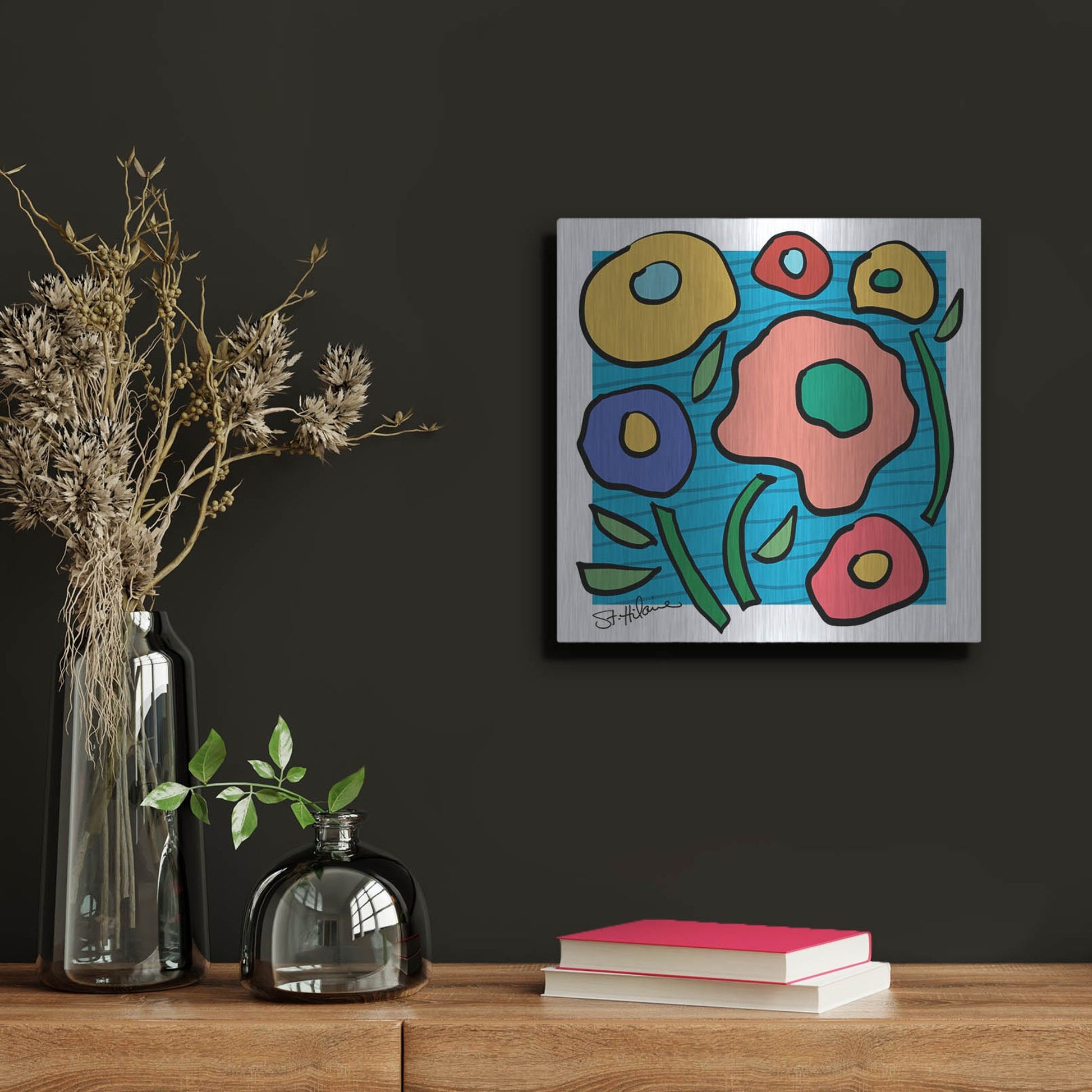 Luxe Metal Art 'Abstract Floral on Blue' by St. Hilaire Elizabeth, Metal Wall Art,12x12