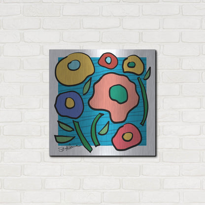 Luxe Metal Art 'Abstract Floral on Blue' by St. Hilaire Elizabeth, Metal Wall Art,24x24