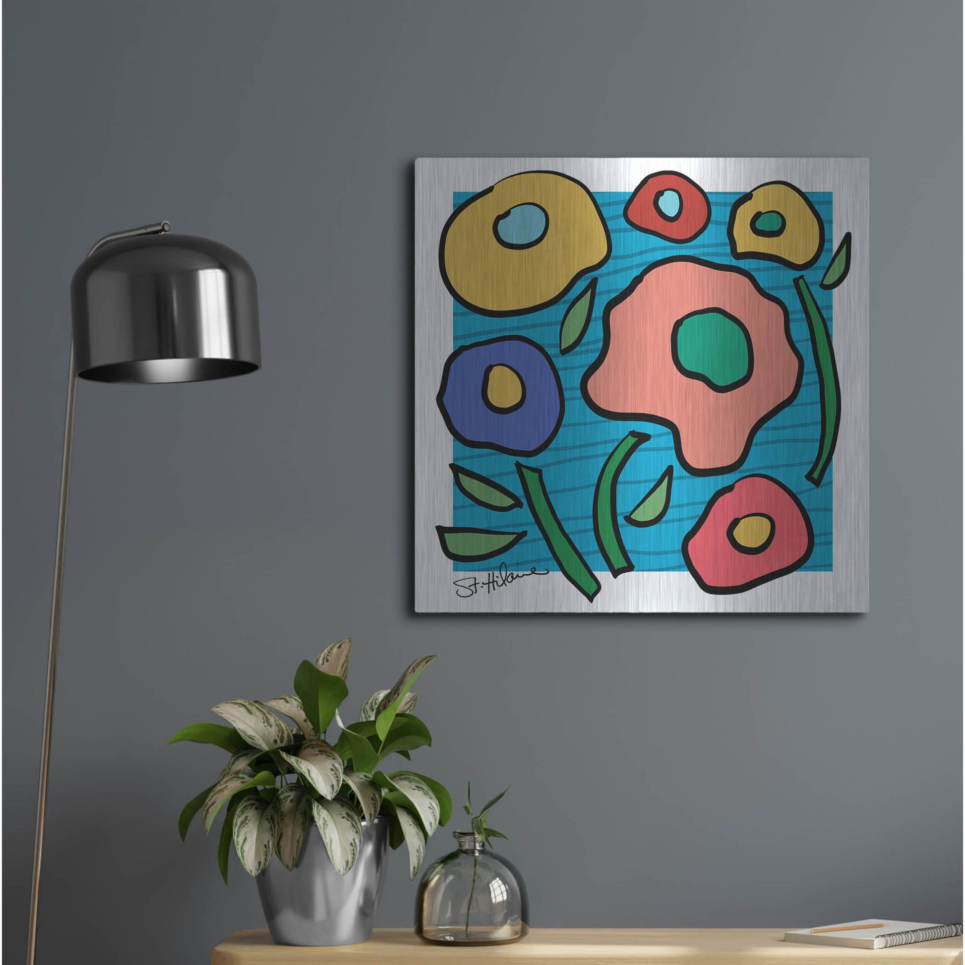 Luxe Metal Art 'Abstract Floral on Blue' by St. Hilaire Elizabeth, Metal Wall Art,24x24