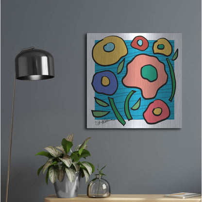 Luxe Metal Art 'Abstract Floral on Blue' by St. Hilaire Elizabeth, Metal Wall Art,24x24