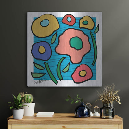 Luxe Metal Art 'Abstract Floral on Blue' by St. Hilaire Elizabeth, Metal Wall Art,24x24