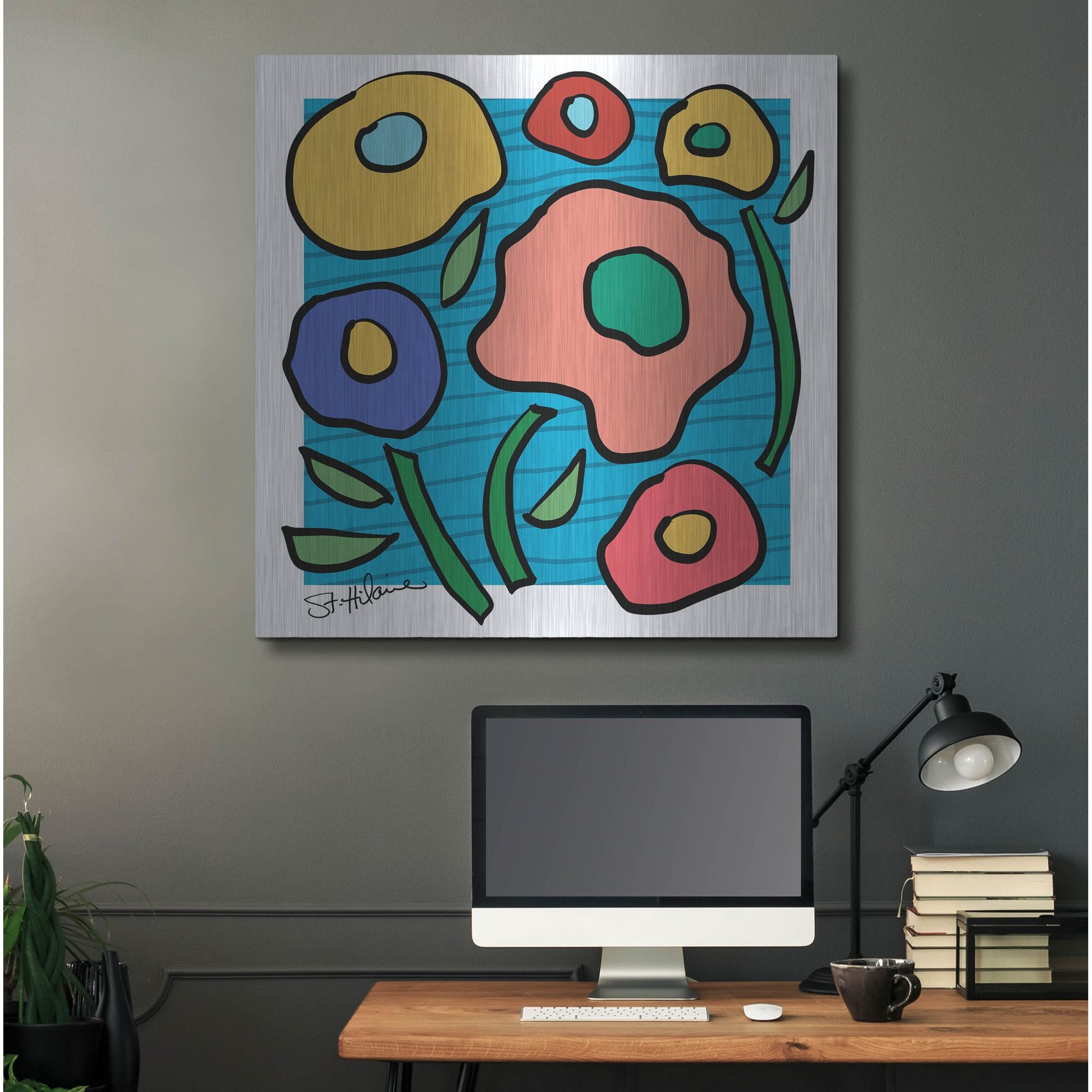 Luxe Metal Art 'Abstract Floral on Blue' by St. Hilaire Elizabeth, Metal Wall Art,36x36