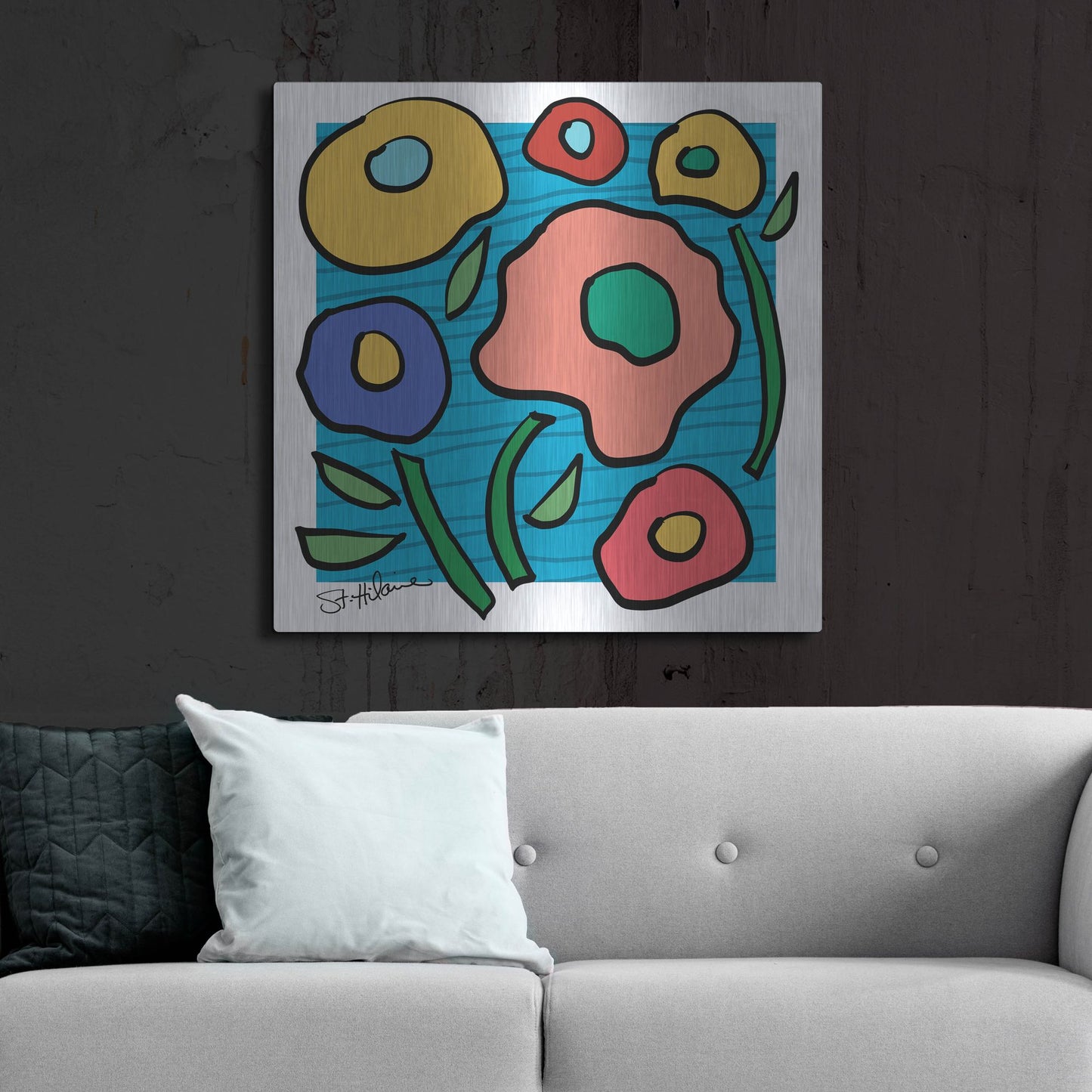 Luxe Metal Art 'Abstract Floral on Blue' by St. Hilaire Elizabeth, Metal Wall Art,36x36