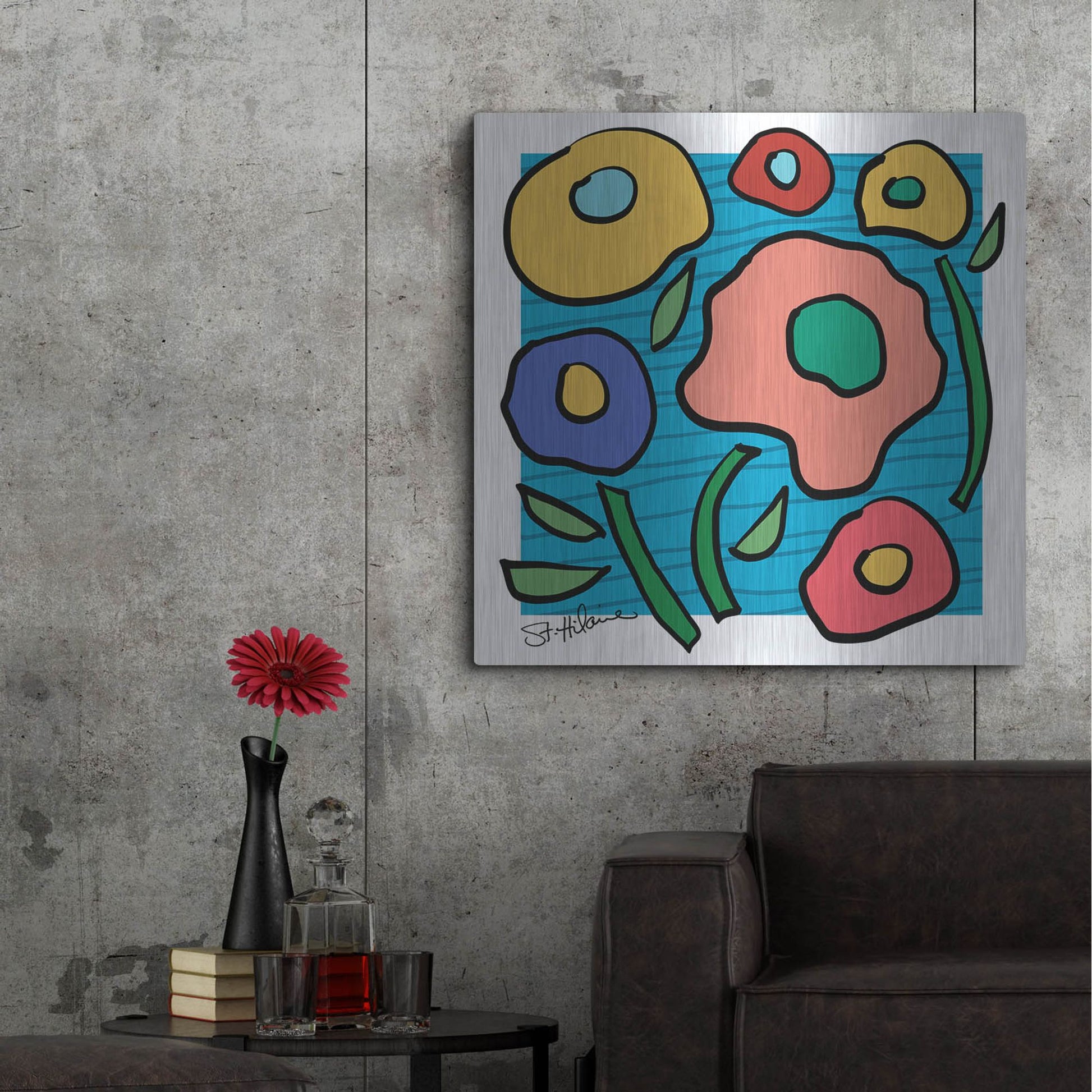 Luxe Metal Art 'Abstract Floral on Blue' by St. Hilaire Elizabeth, Metal Wall Art,36x36